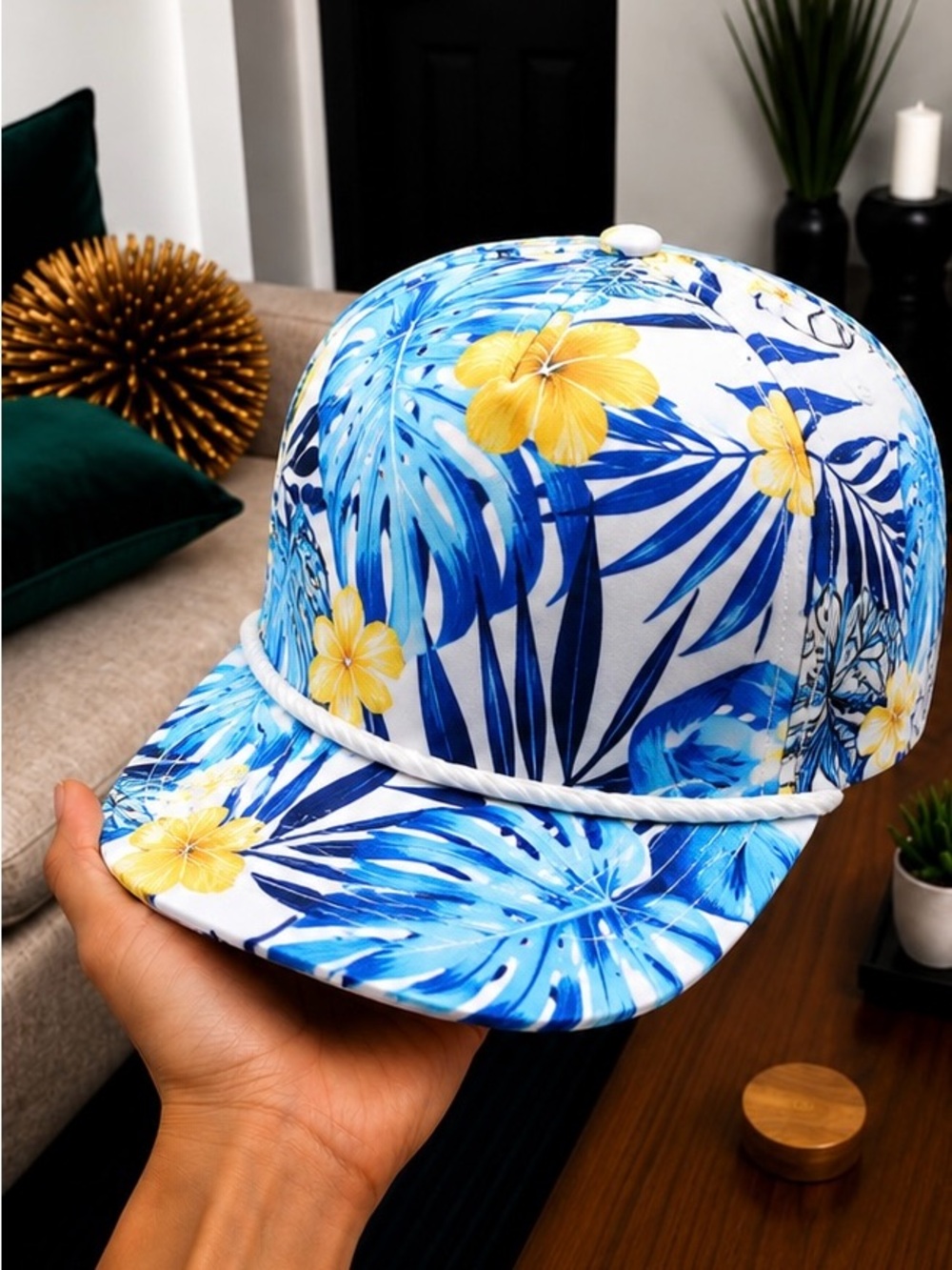 Blue Tropical Floral Snapback Hat Flat Bill Rope Cap Beach Summer